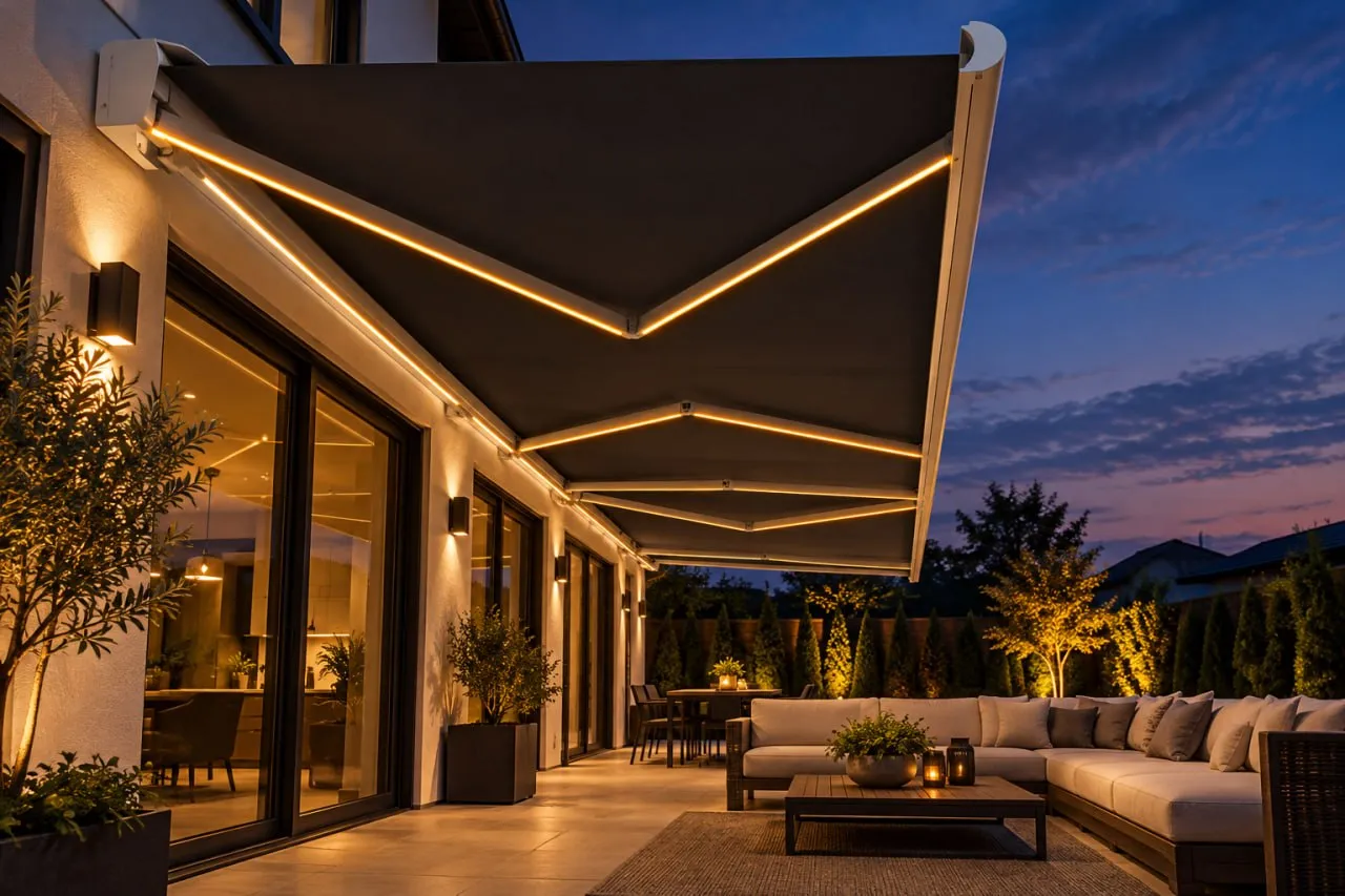 Retractable awning with LED lit arms over a lounge patio at dusk