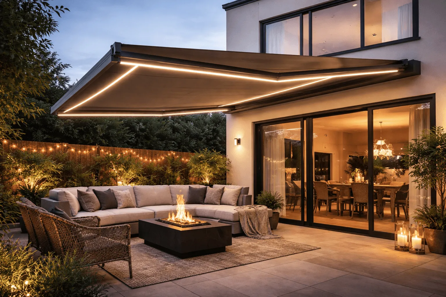 Retractable awning over a patio lounge