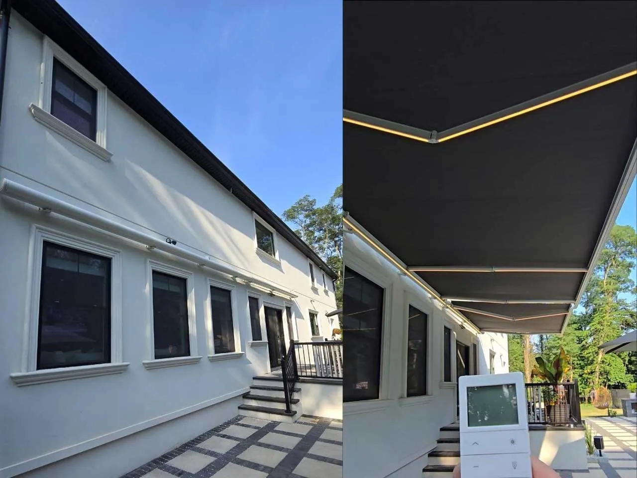 Awning retracted on the wall, and the wall remote used to open it