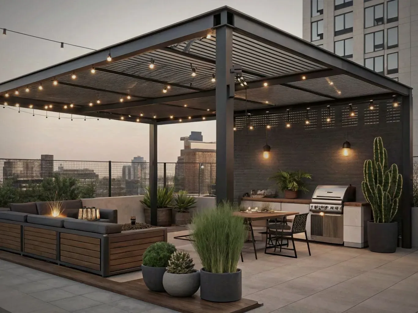 Louvered pergola with string lights over a rooftop lounge and grill