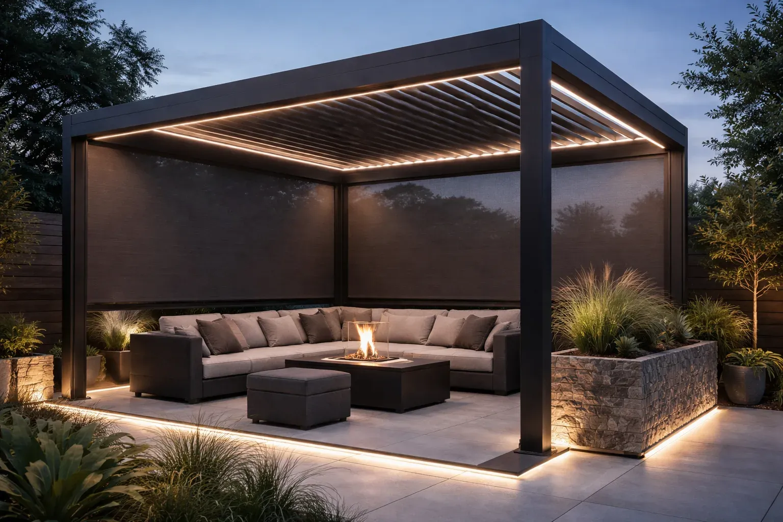 Louvered pergola with LED lighting over a lounge with a fire table at night