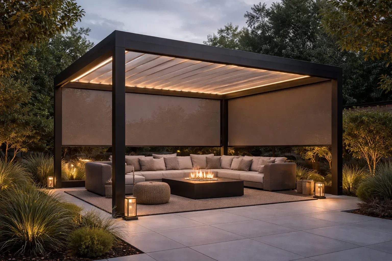 Louvered pergola with lights at dusk