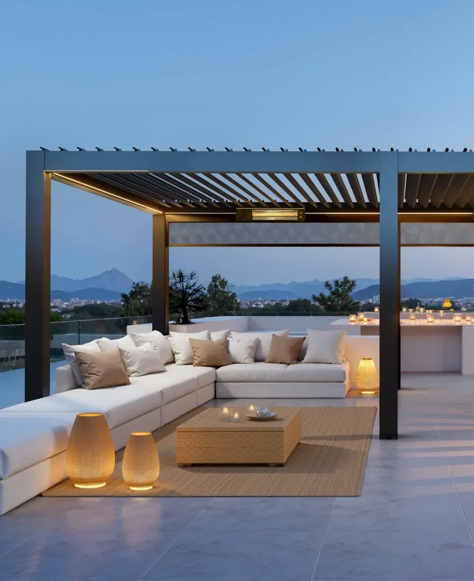 Louvered pergola over a rooftop lounge at dusk